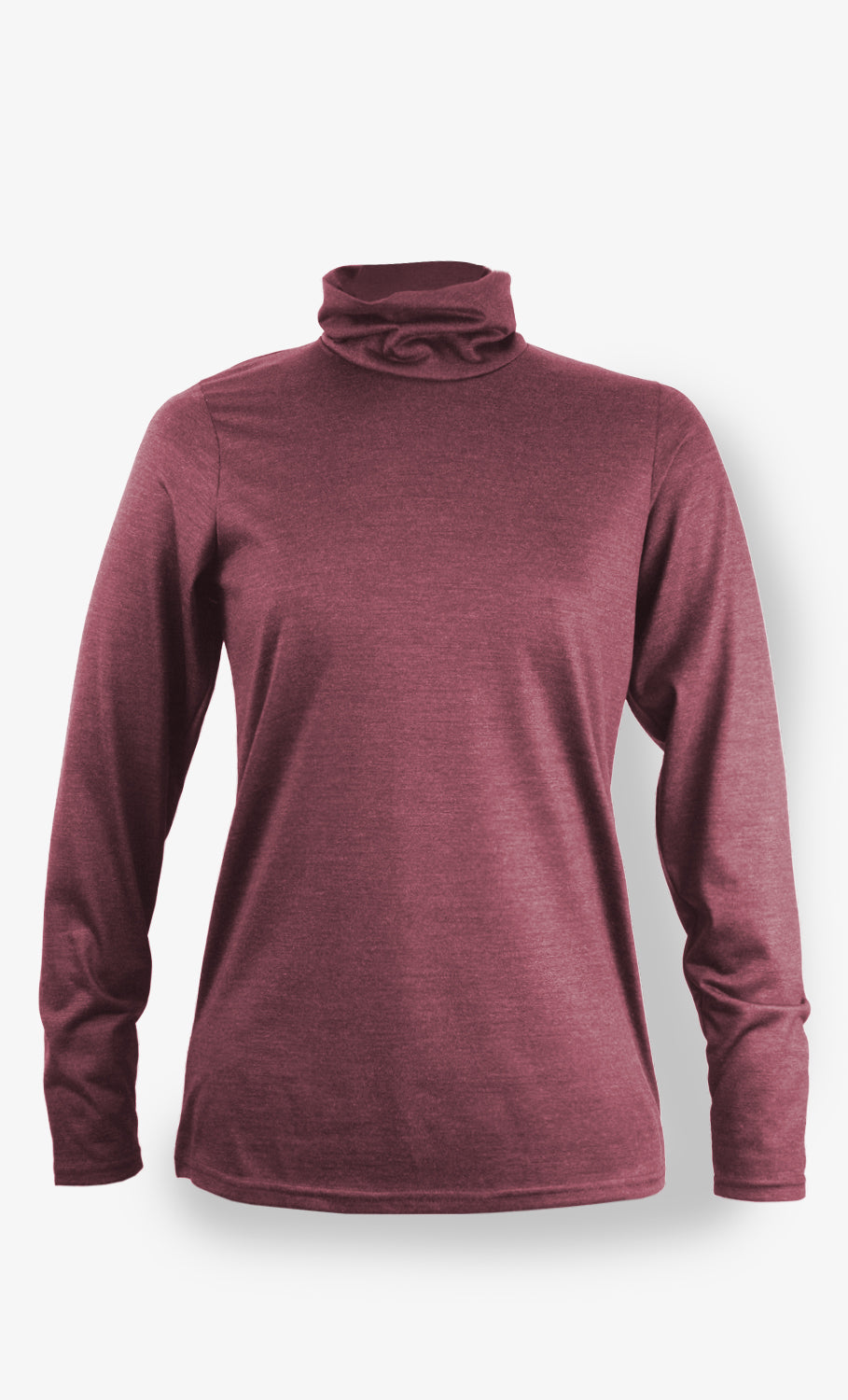 Haut à col roulé pour femme en laine mérinos rose foncé terra rosa, manches longues, vu de face.