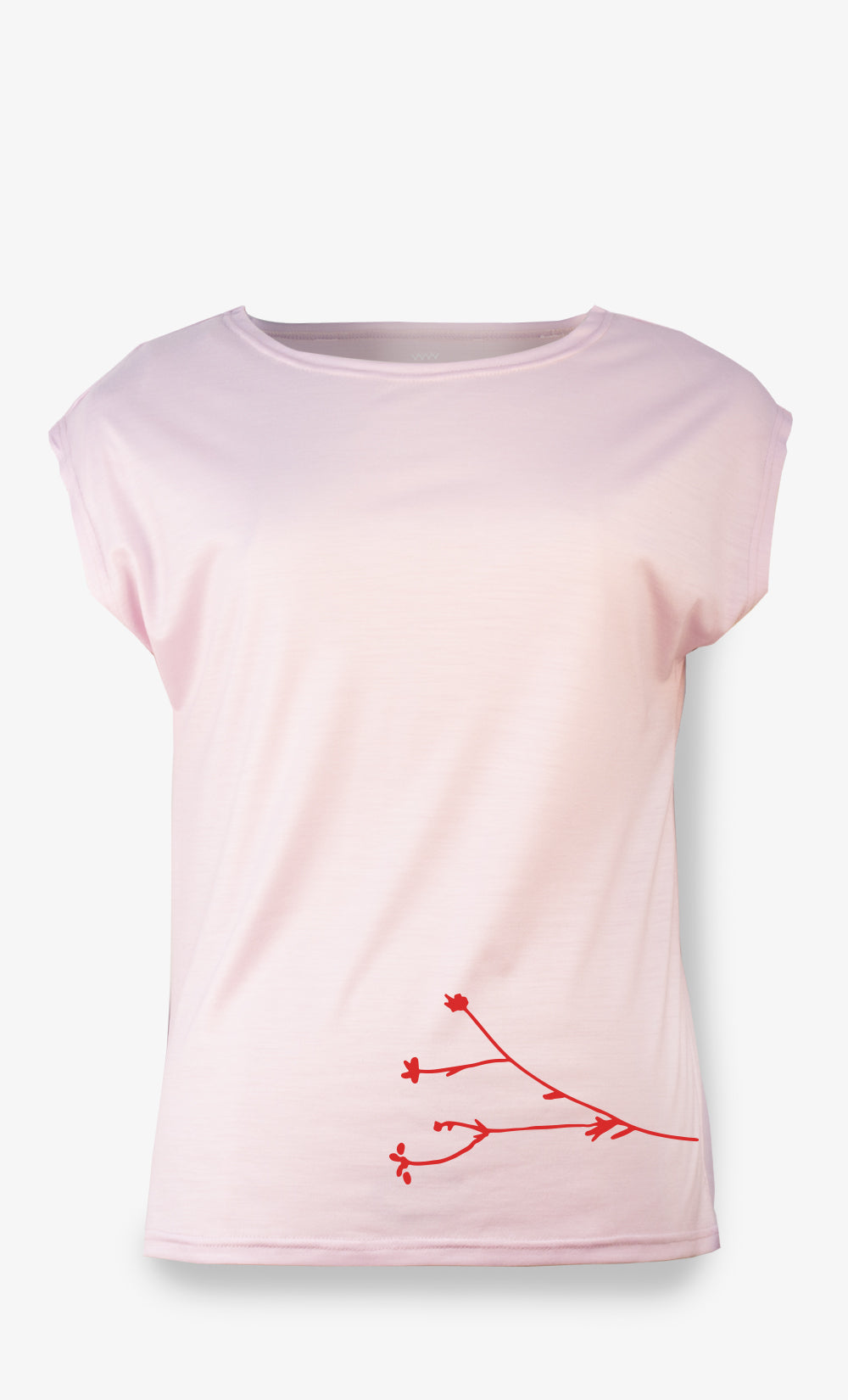 T-shirt en laine mérinos rose pâle avec motif de petite branche rose imprimé au bas du vêtement, fabriqué au Canada.