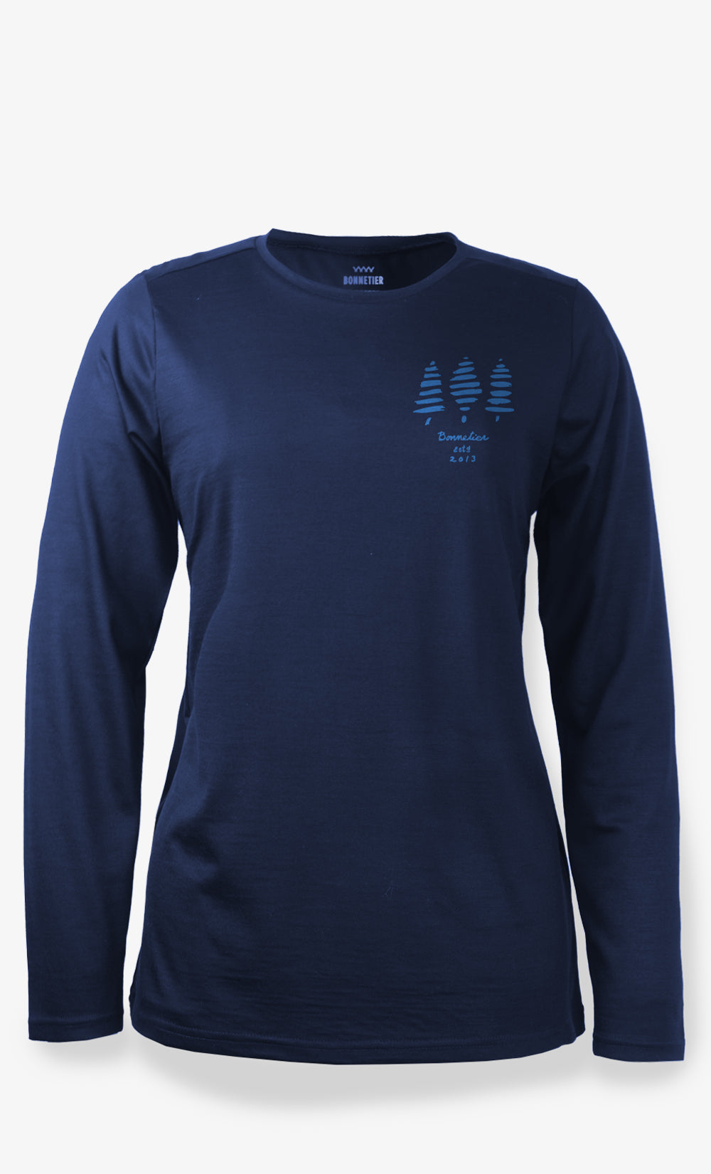 Haut manches longues mérinos bleu marine pour femme avec motif arbres, coupe ajustée et tissu extensible 160 gsm.