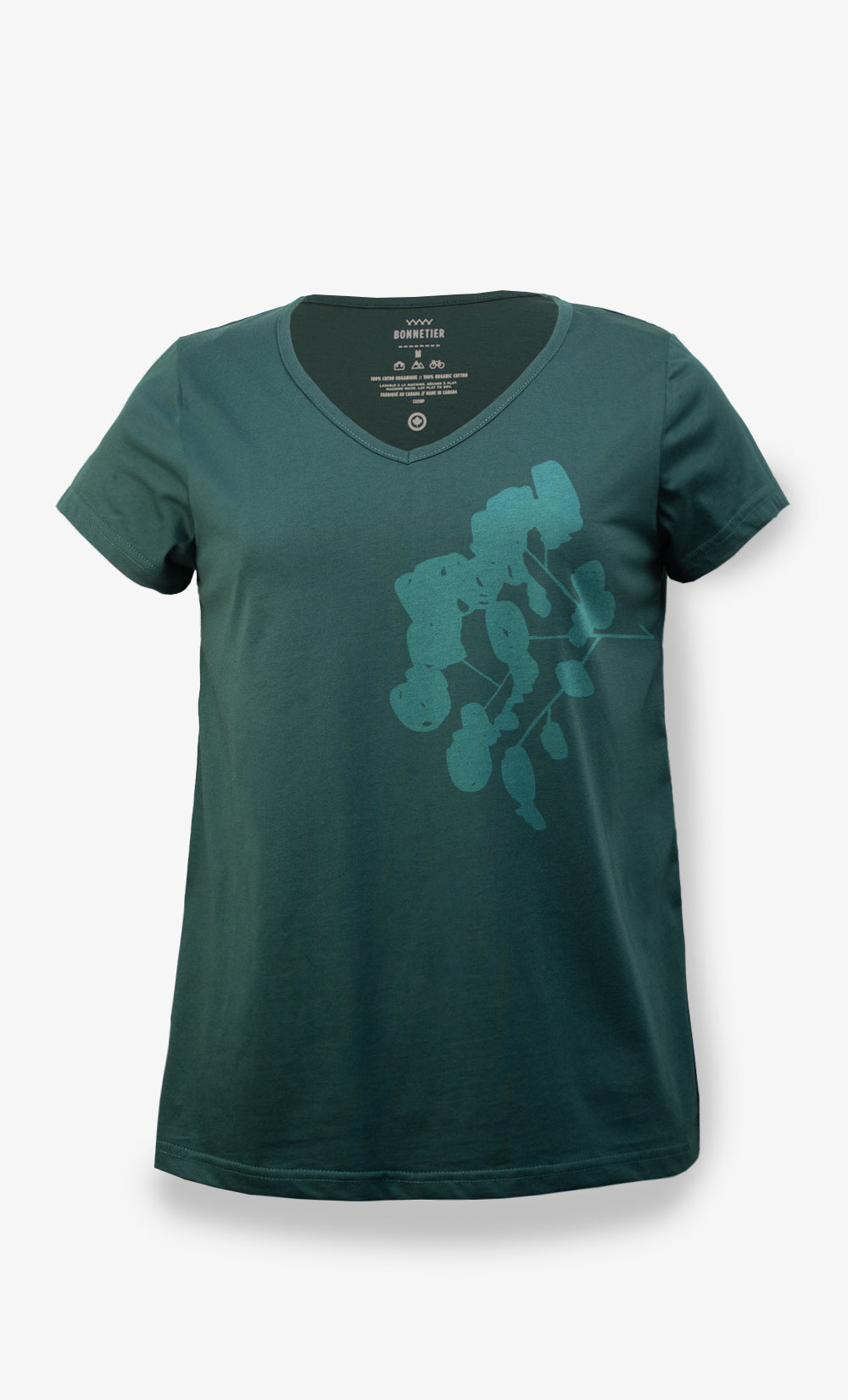 T-shirt Flow vert à col V pour femme en coton biologique avec imprimé Fleur d'Eau ton sur ton, fabriqué au Canada par BONNETIER.