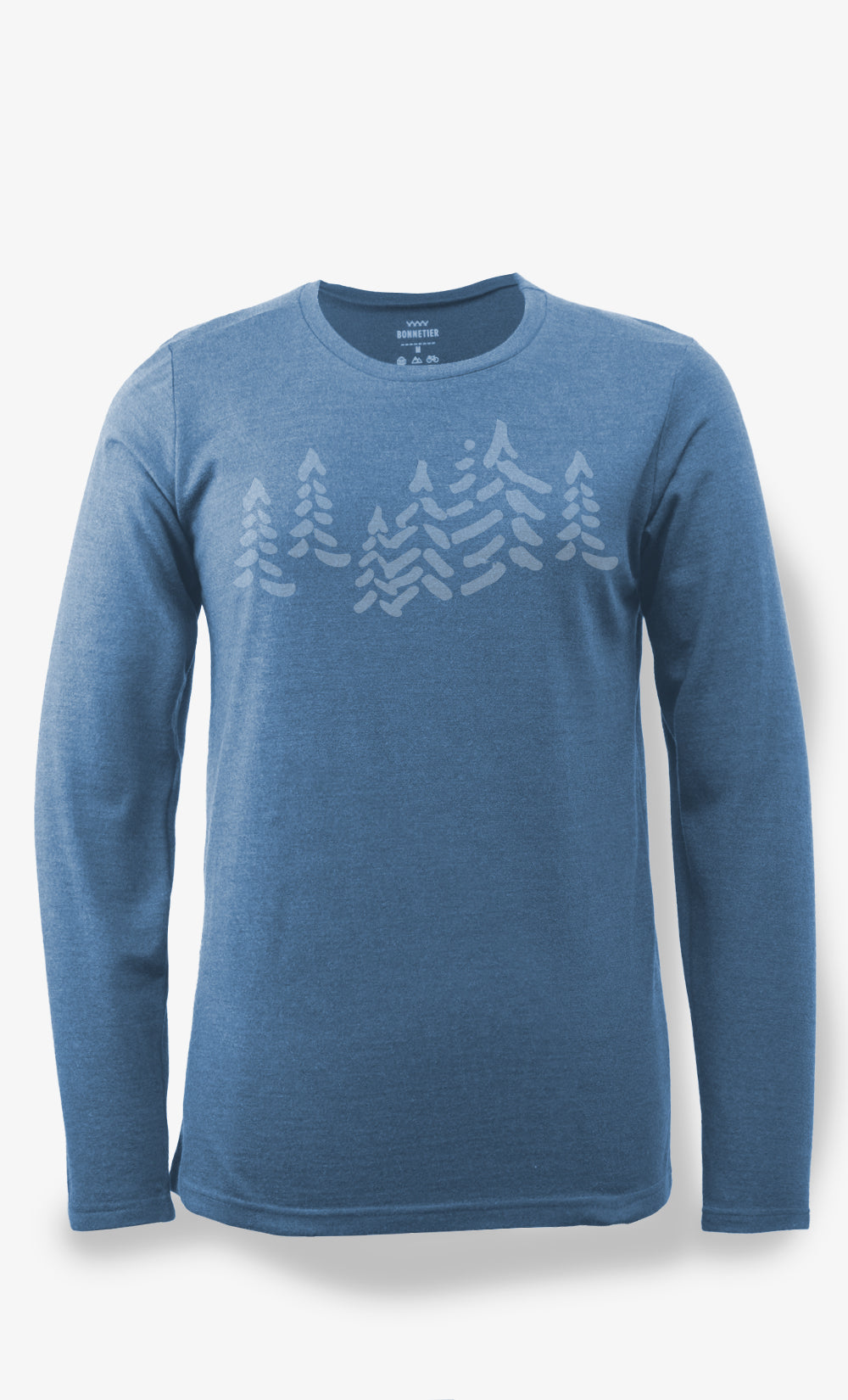 Chandail TechPro Flanelle femme en laine mérinos bleu-gris chiné avec imprimé Forêt, manches longues, fabriqué au Canada par BONNETIER.