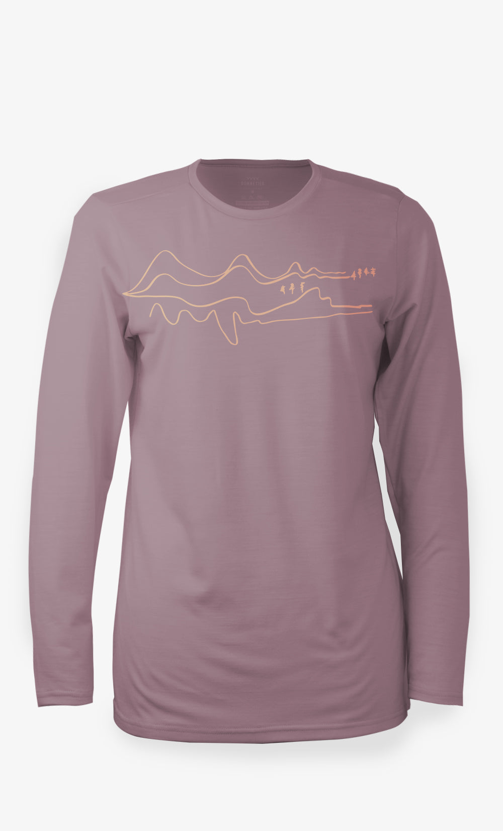 Chandail à manches longues en laine de mérinos rose pour femme BONNETIER avec imprimé Sketchy Land fabriqué au Canada.