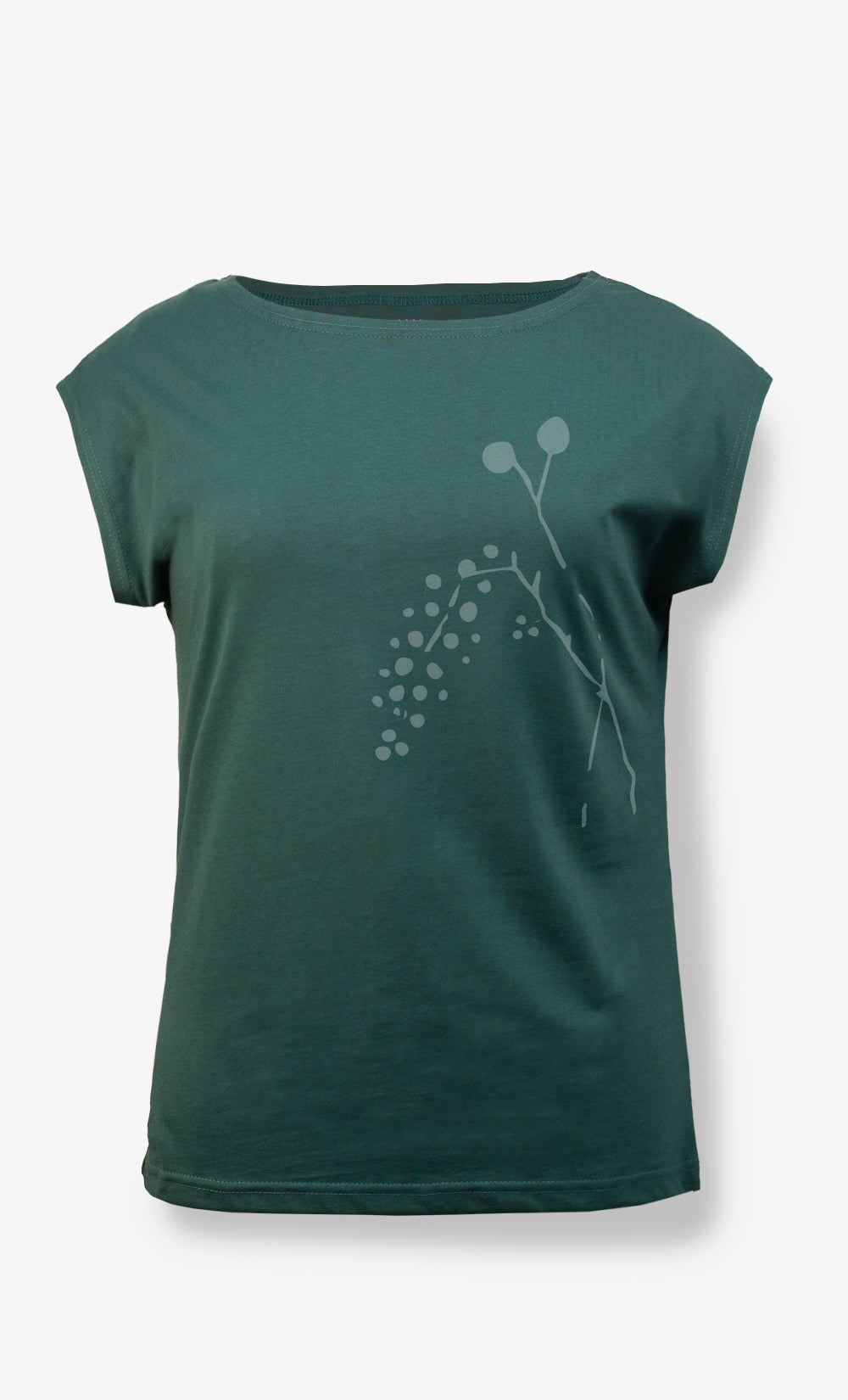 T-shirt Madrid vert foncé pour femme en coton biologique avec imprimé Brindille BONNETIER fabriqué au Canada.