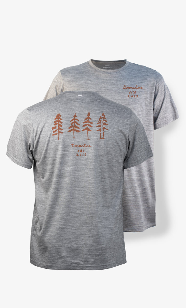 T-shirt mérinos homme gris chiné imprimé Quatre Arbres – voyage léger
