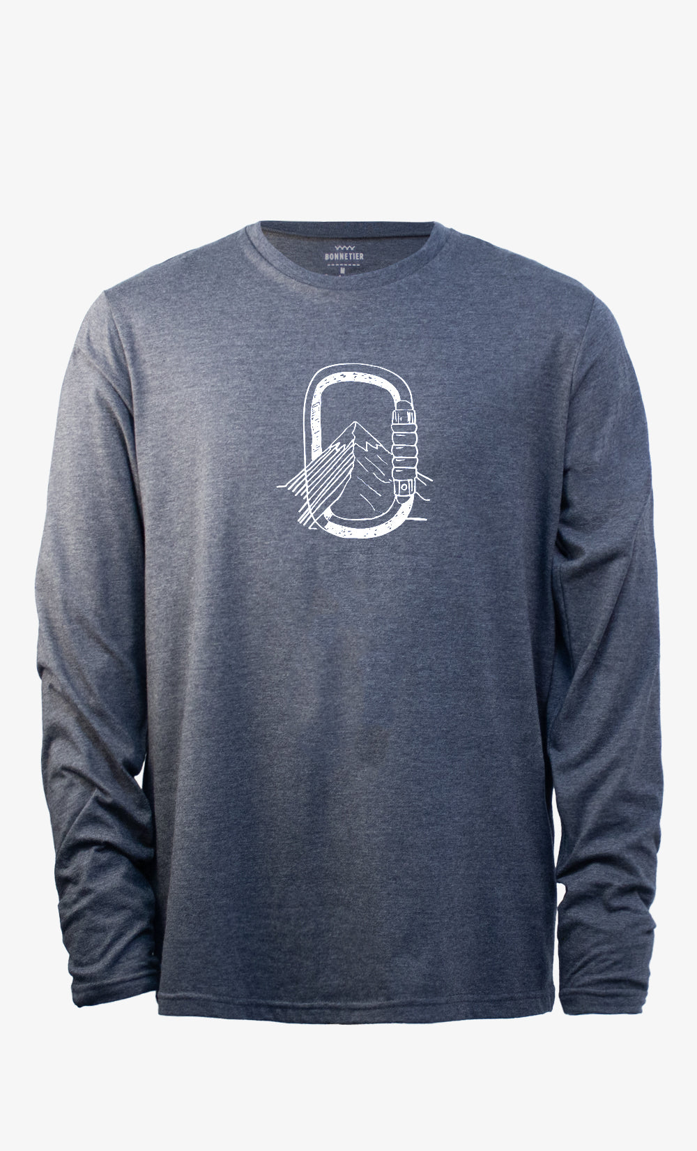 Manches longues Crew charbon pour homme en coton biologique et polyester recyclé avec imprimé Montagne Mousqueton, fabriqué au Canada par BONNETIER.