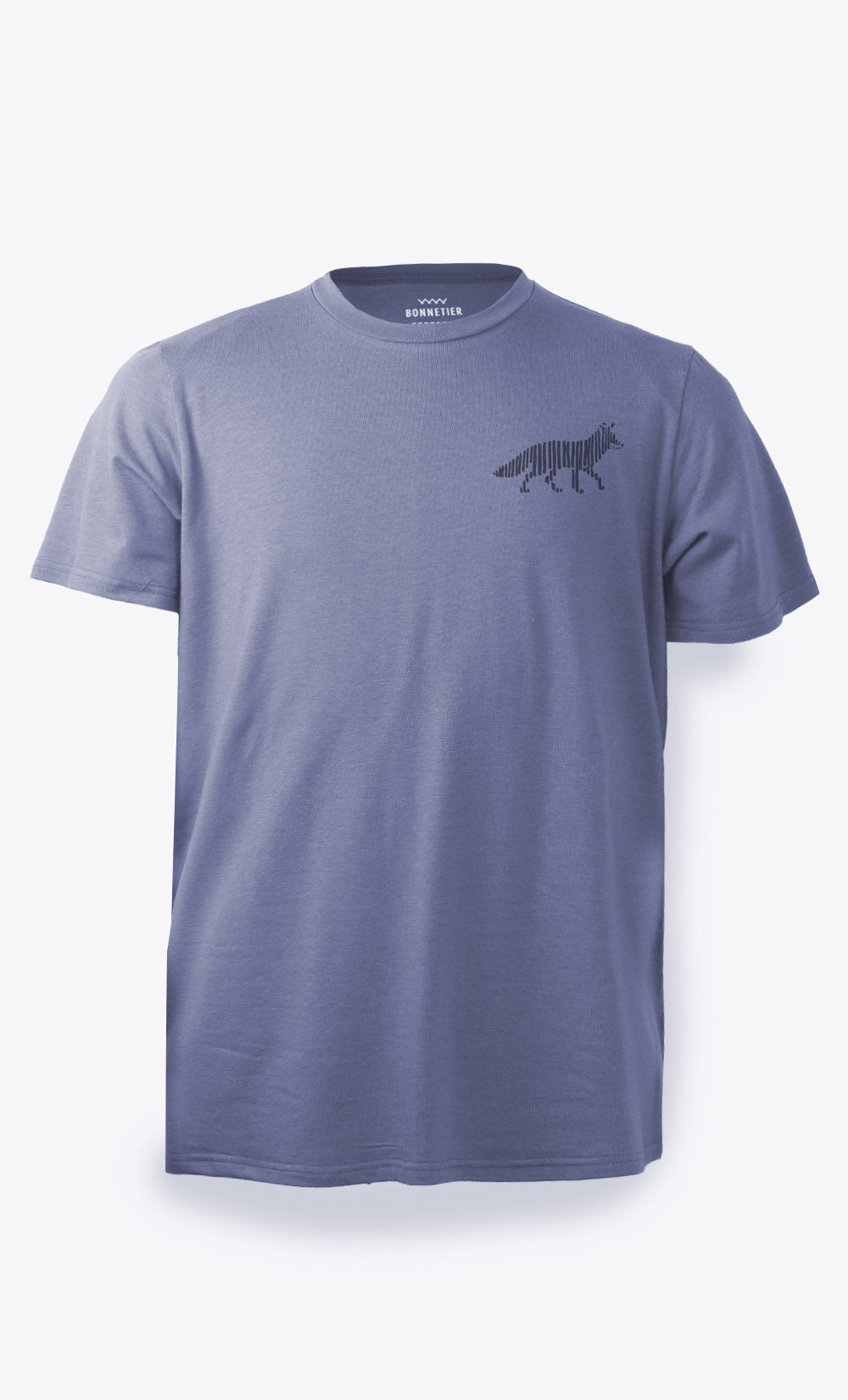 T-shirt homme bleu velours BONNETIER avec imprimé renard turquoise sur la poitrine, fabriqué au Canada.