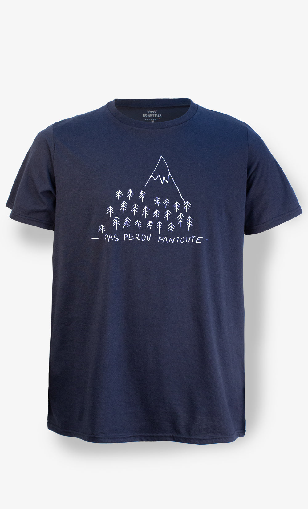 T-shirt BONNETIER en coton biologique et polyester recyclé, de couleur marine, imprimé pas perdu pantoute