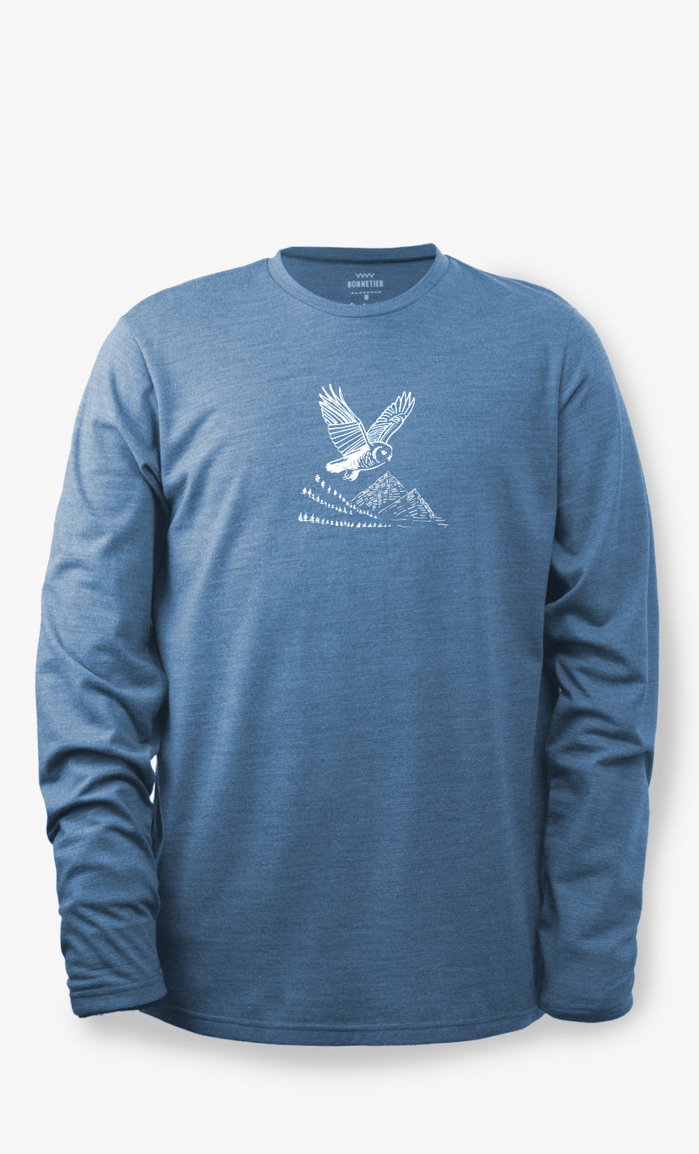 Chandail TechCrew Flanelle en laine mérinos bleu-gris chiné pour homme avec imprimé Chouette, fabriqué au Canada.