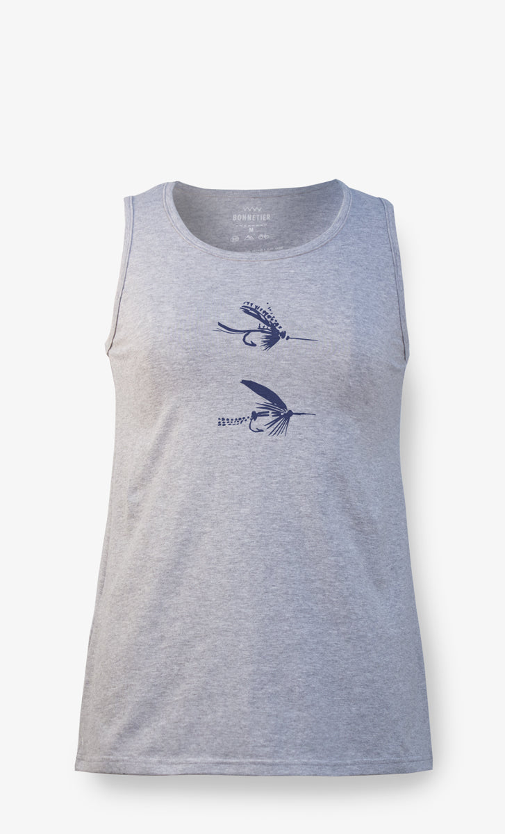 Camisole Gris Athlétique imprimé Mouches, en coton biologique et polyester recyclé. Confortable, écoresponsable et fabriquée au Québec.